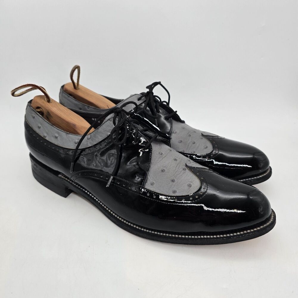 Stacy Baldwin Wingtip Oxford Black and Grey Patent Leather Tuxedo Shoes Size 11